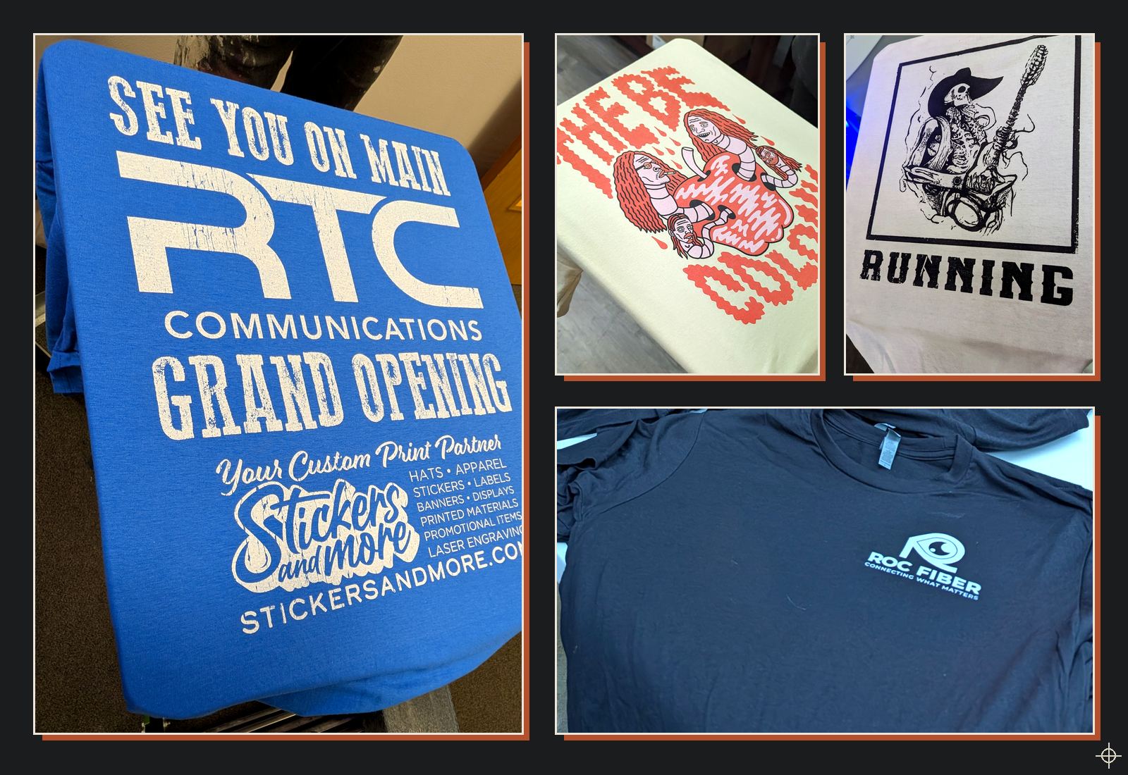 Four recent Retro Press jobs: a blue RTC Communications grand opening shirt, a cream shirt with a red illustrated design, a white Running shirt with a black illustration, and black Roc Fiber crew shirts with a white chest logo