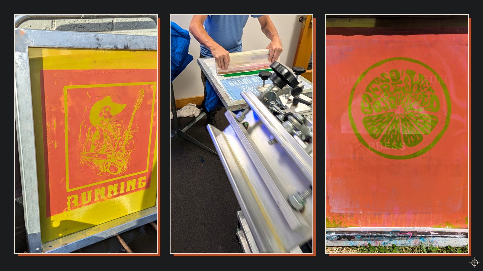 From screen to shirt: a coated screen for the Running design, a print going down on the press, and a used screen with a citrus design